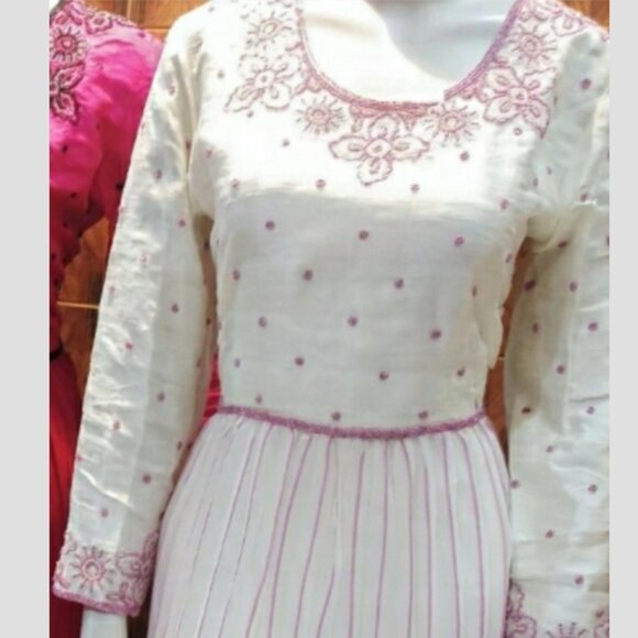 Cream Off White and Pink Anarkali Style Indian Outfit Dress Long Sleeve - Picture 2 of 4